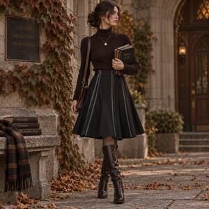 Dalia Collection Sz 6 Pleated Black Midi Flare A-Line Skirt Preppy Dark Academia